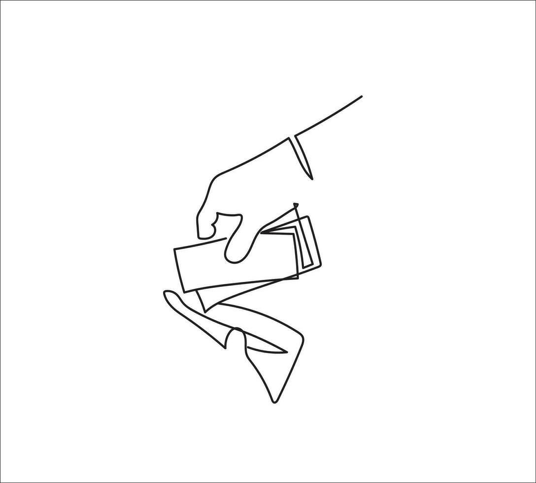 A line drawing hand taking money from the wallet. Continues line drawing vector