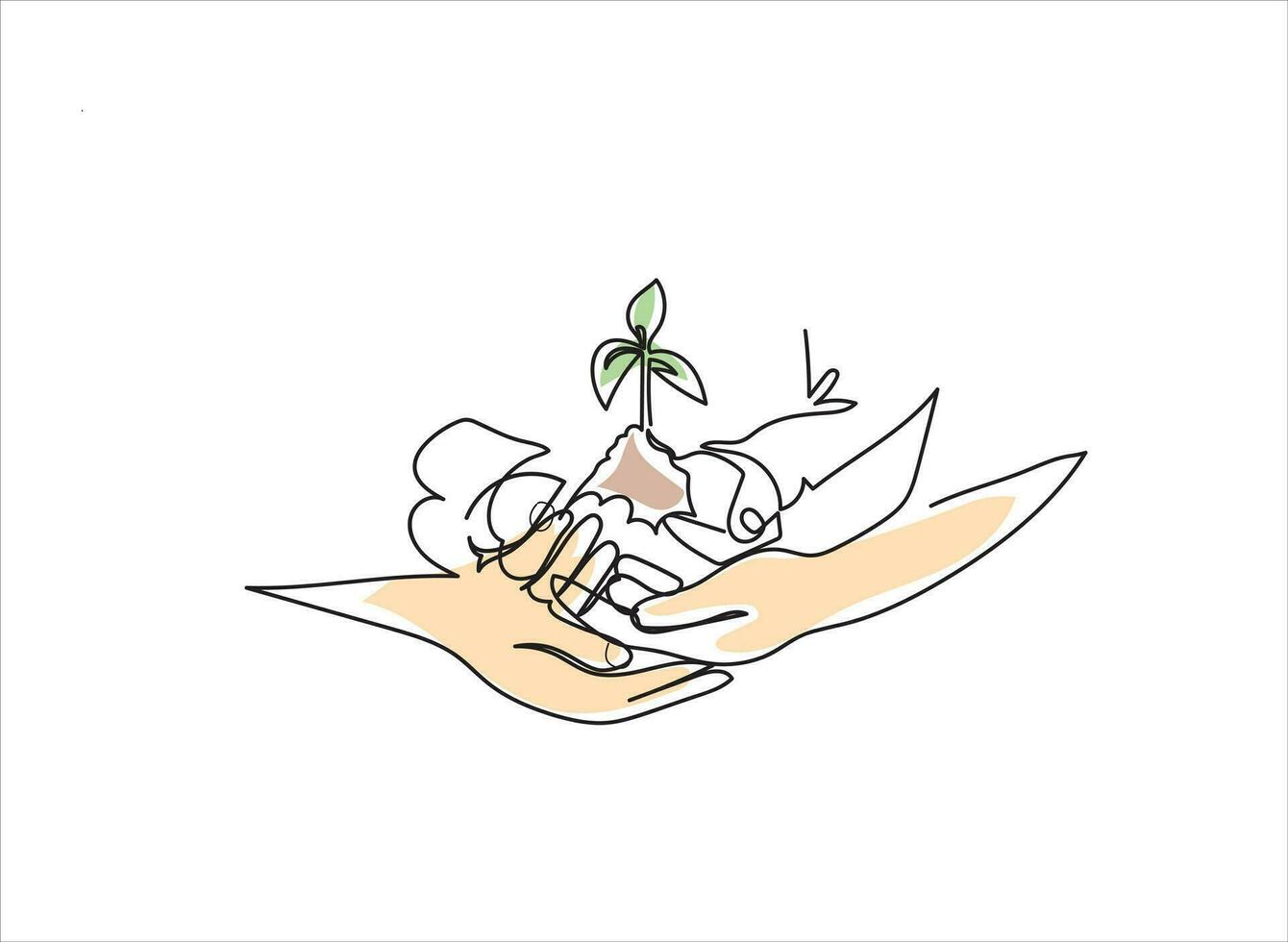Continuous one-line drawing hand holding a plant with many roots world environment day concept vector