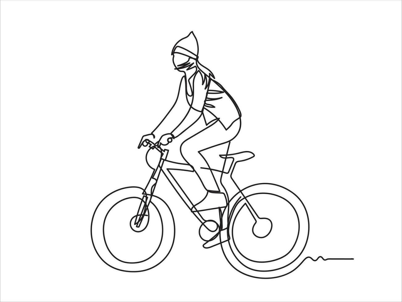dibujo contento personas montando bicicleta mundo bicicleta día concepto continuo línea dibujo vector ilustración