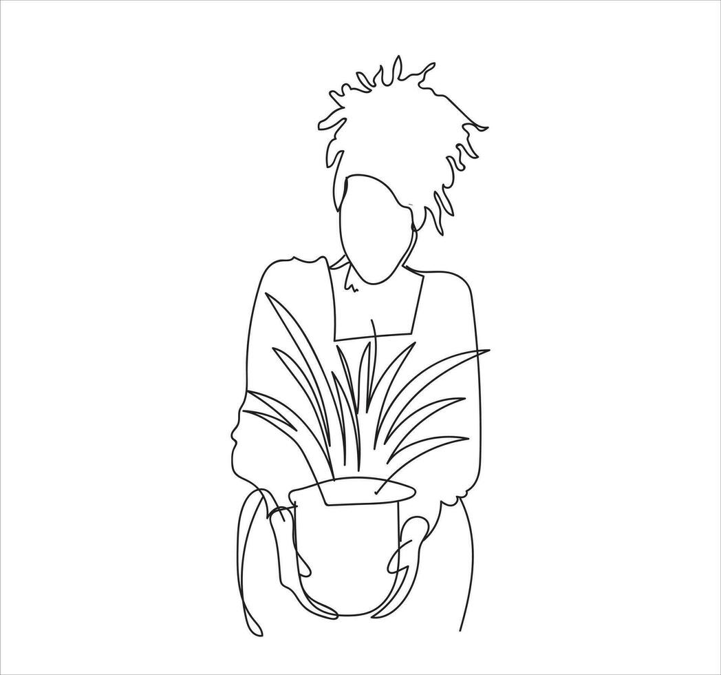 Continuous one-line drawing woman carrying a big plant vector