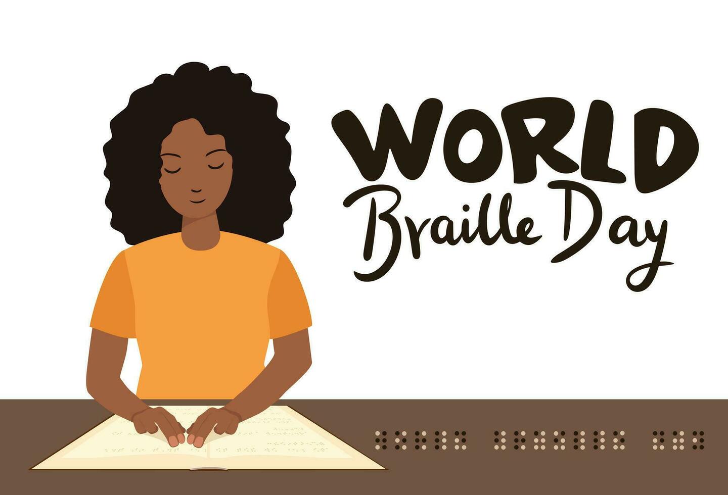 World Braille Day banner with blind African woman reads Braille book.  Handwriting text banner for World Braille Day in flat style. Hand drawn vector art.