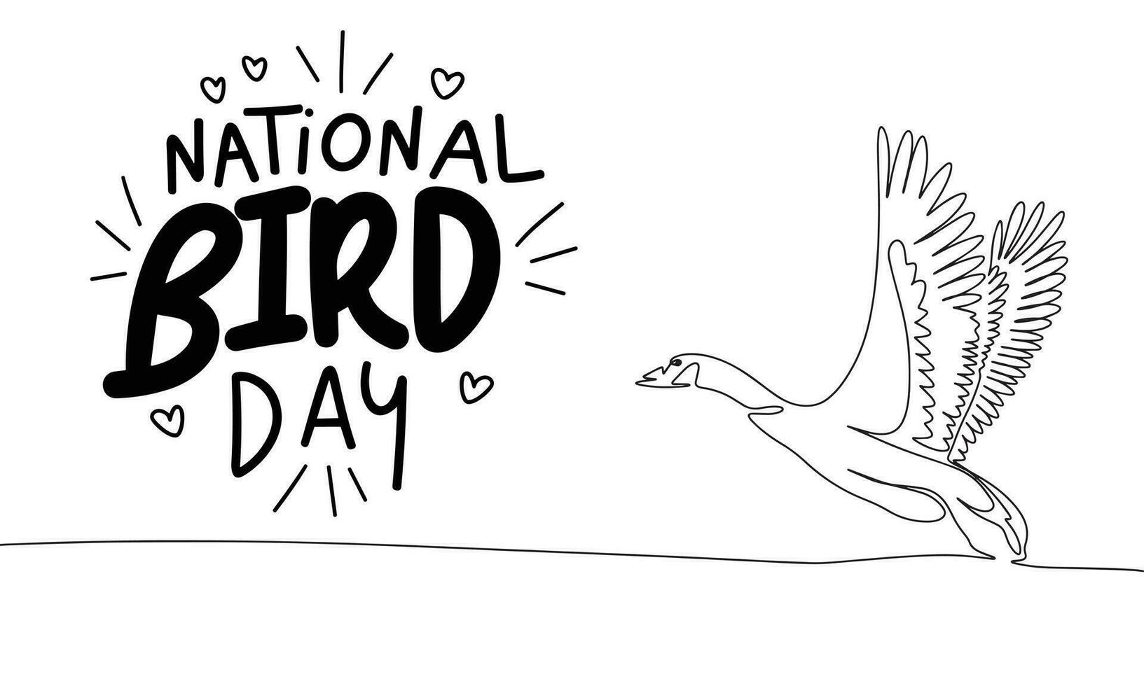 National bird day text banner with one line continuous image fly bird. Line art bird is flying outline with words National Bird Day. Hand drawn vector art.