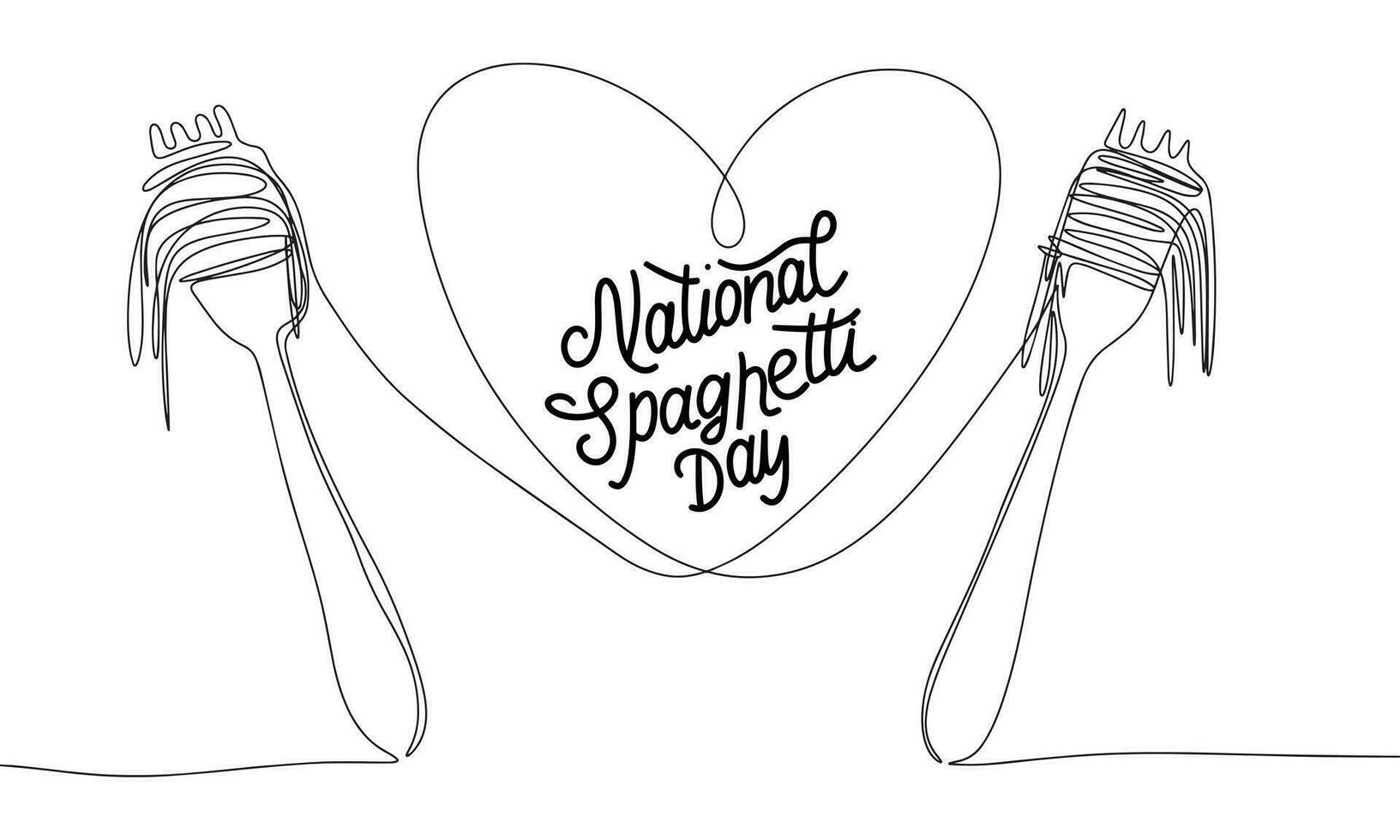 One line continuous banner with forks and spaghetti as heart. Text banner for National Spaghetti Day. Hand drawn vector art