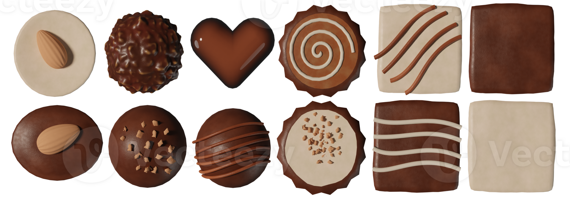 3D rendering illustration, top view, collection of chocolates of different shapes and flavors on transparent background png