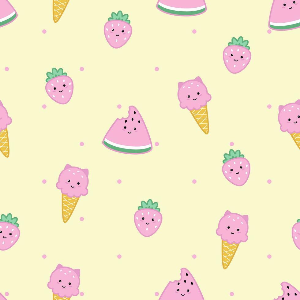 Seamless pattern of cute kawaii style ice cream, watermelon and strawberry. vector