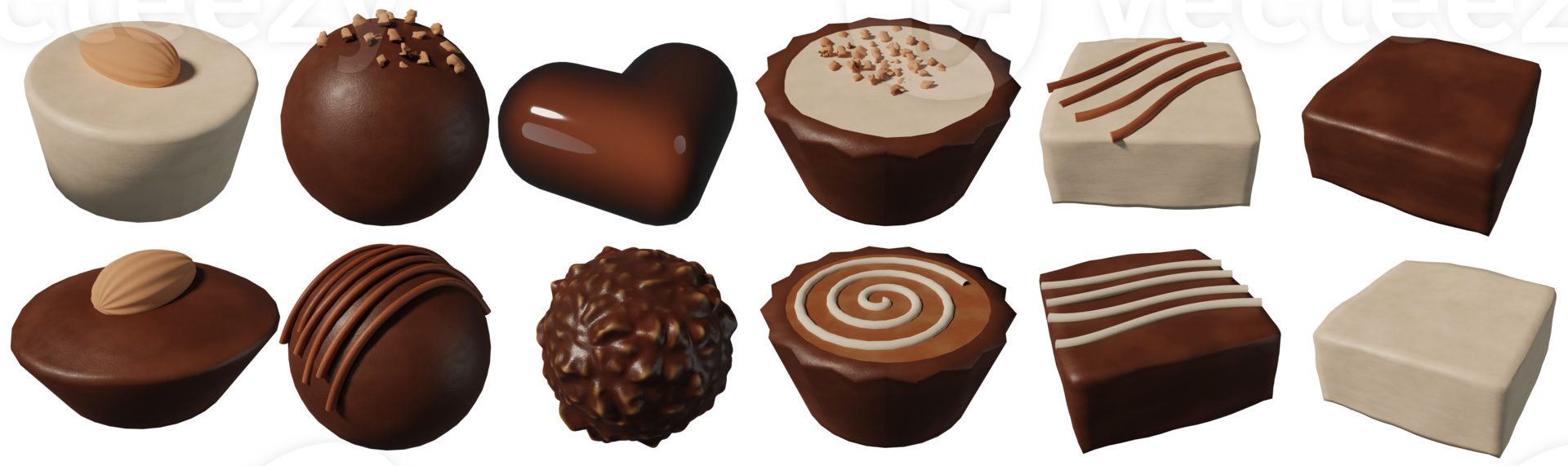 3D rendering illustration, oblique view, collection of chocolates of different shapes and flavors on transparent background png