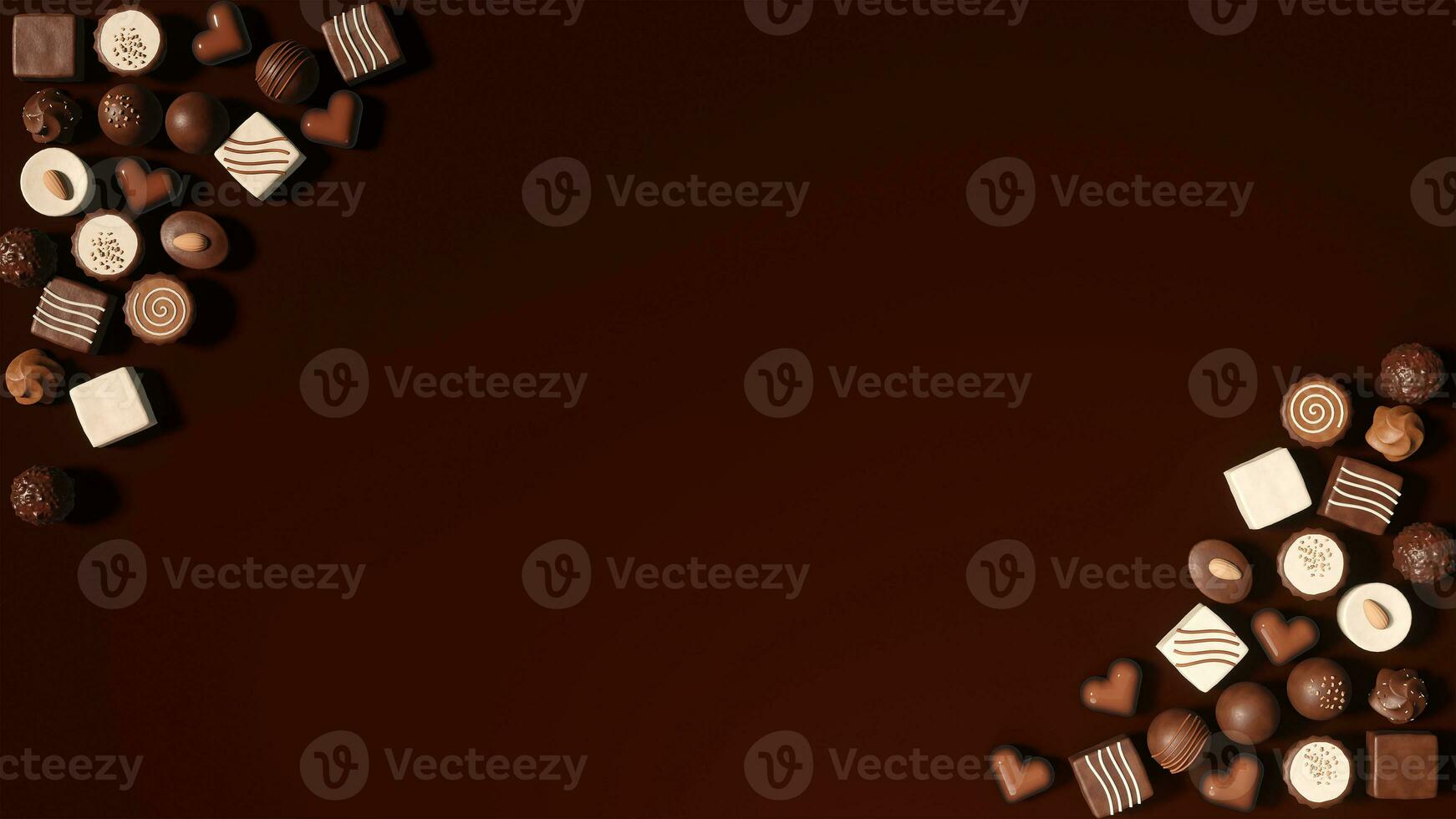 3D rendering illustration, top view, many chocolates spread on a brown background photo