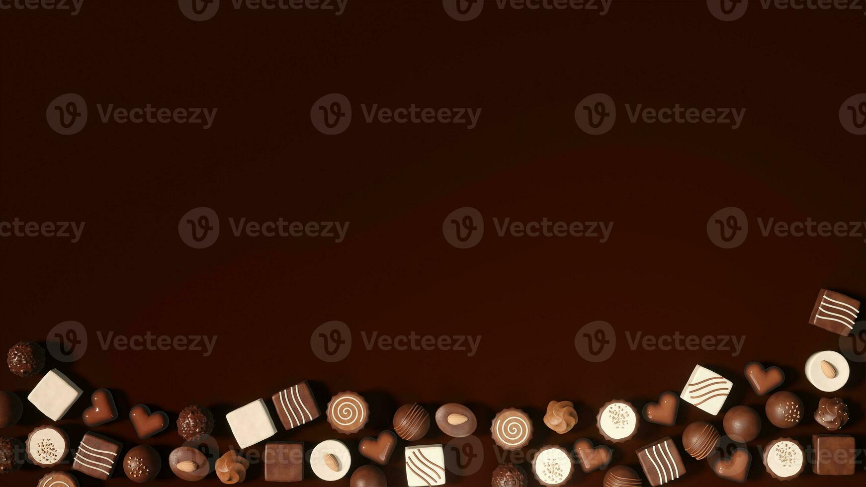 3D rendering illustration, top view, many chocolates spread on a brown background photo