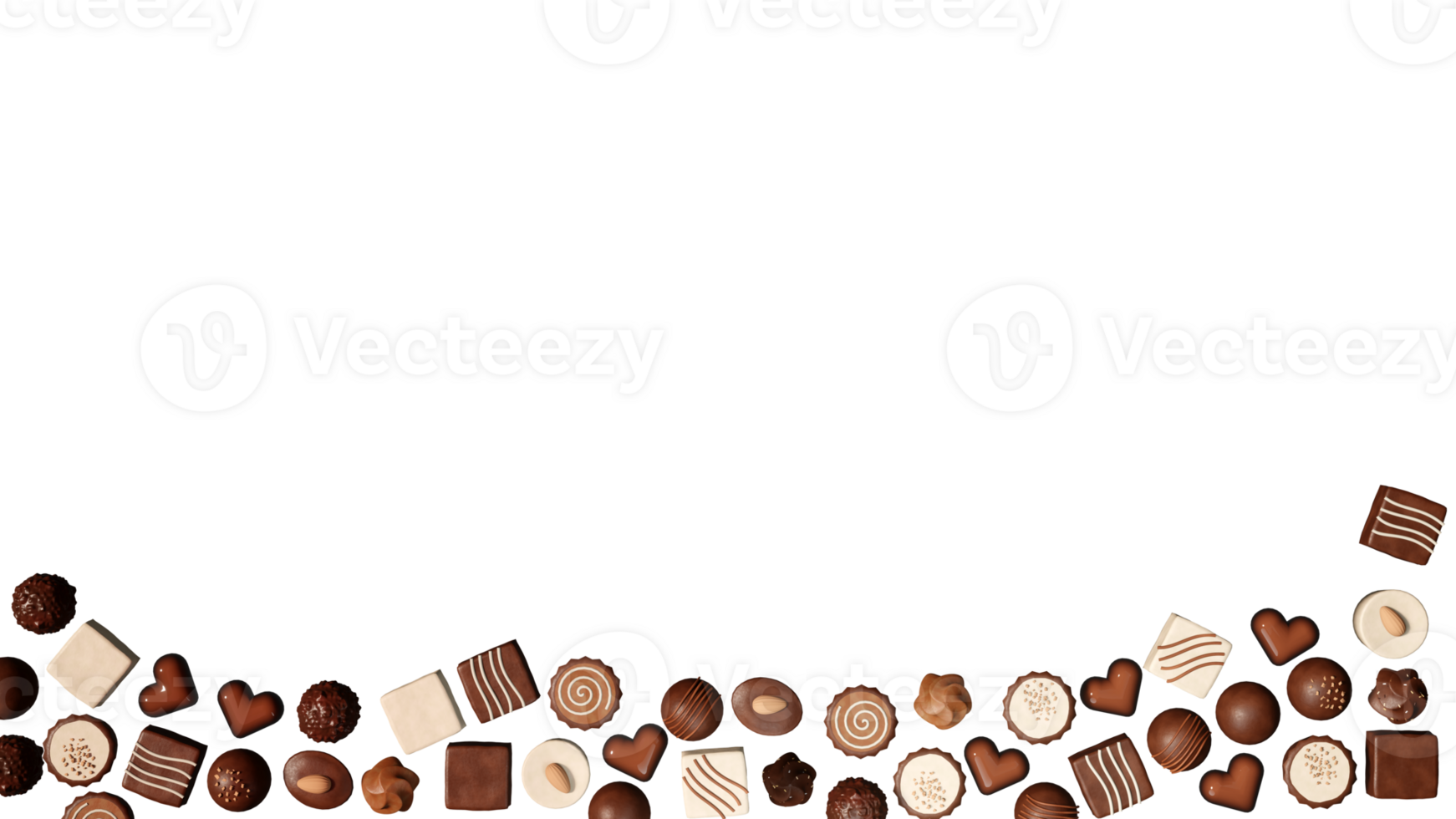 3D rendering illustration, top view, many chocolates spread on transparent background png