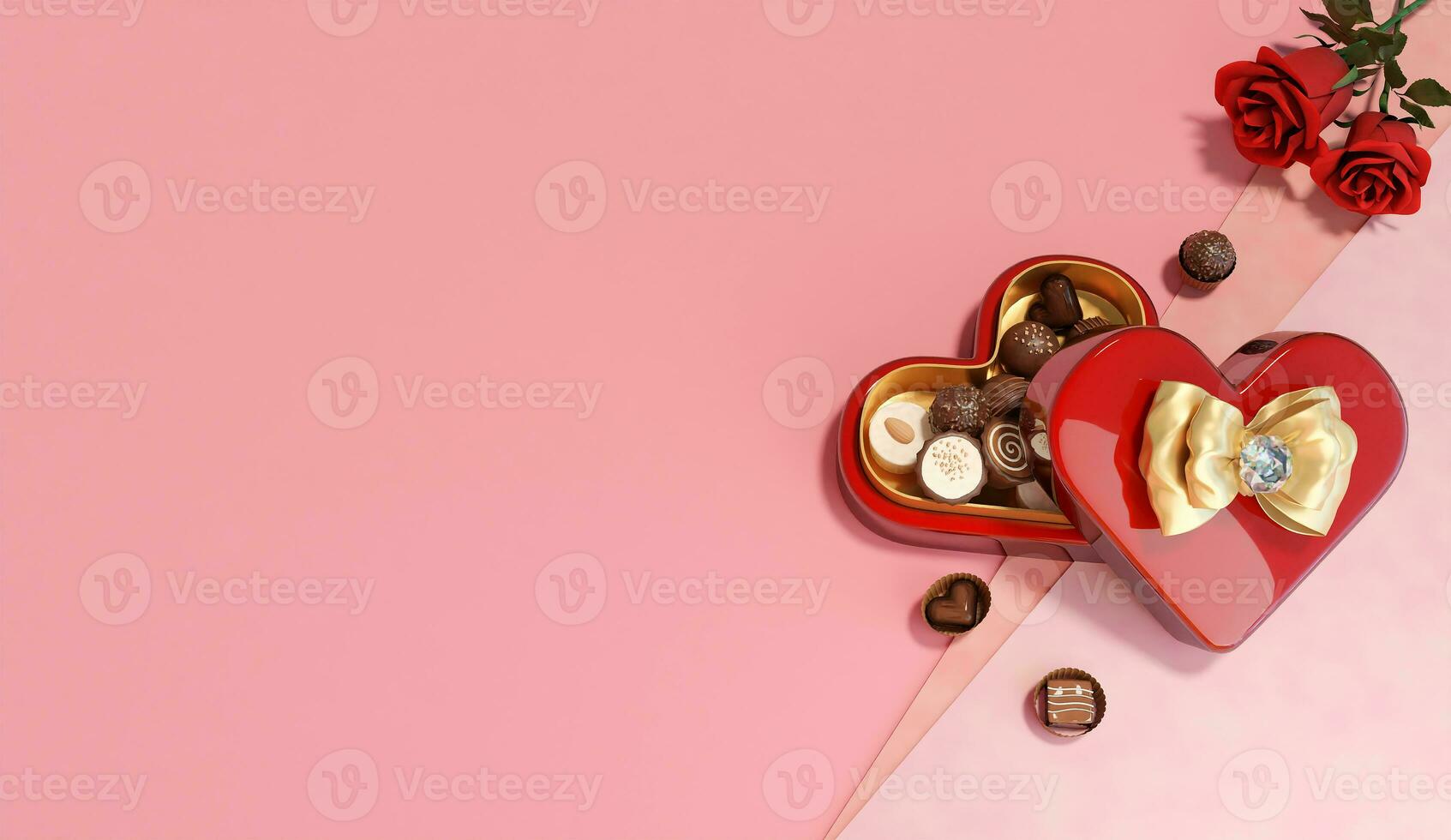 3D rendering illustration, top view, heart chocolate gift box with red roses on pink background photo