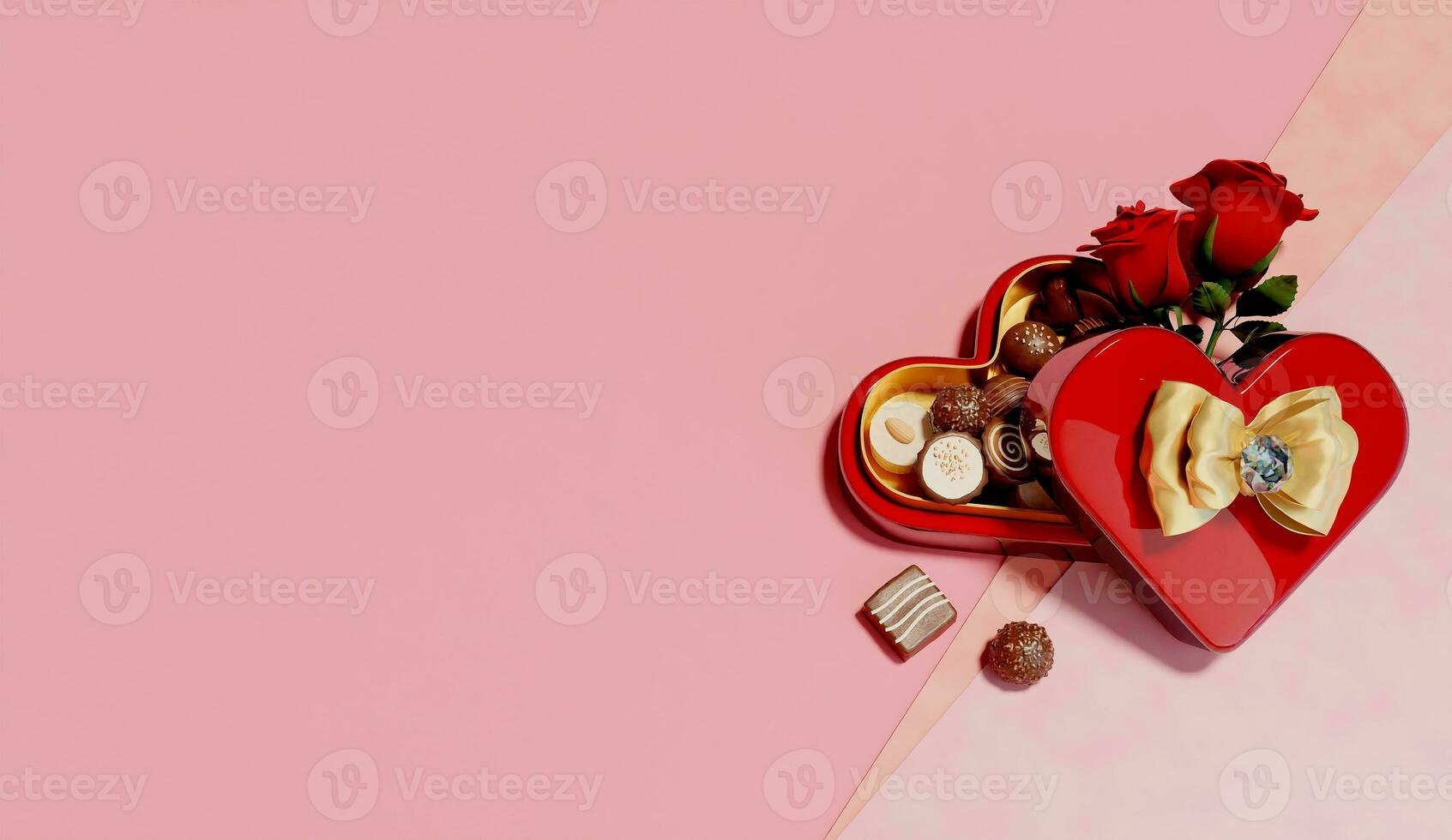 3D rendering illustration, top view, heart chocolate gift box with red roses on pink background photo