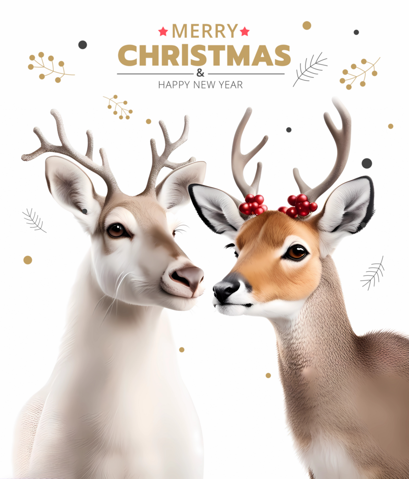 ai gerado alegre Natal poster modelo com dois adorável rena isolado em branco fundo psd