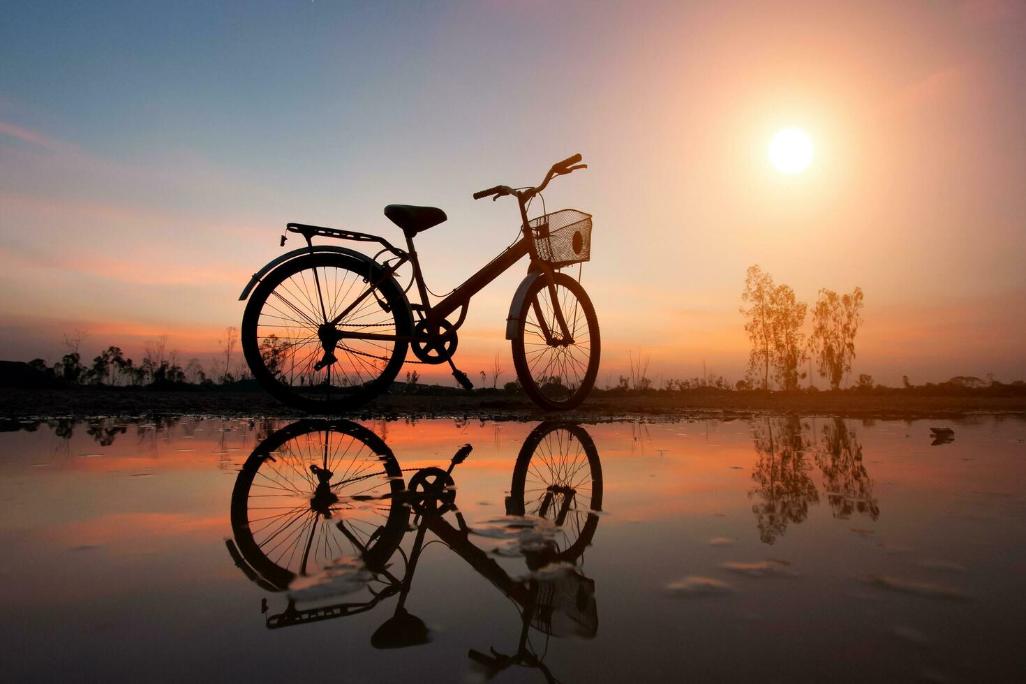 negro silueta de un bicicleta estacionado en el frente al mar y reflexión foto