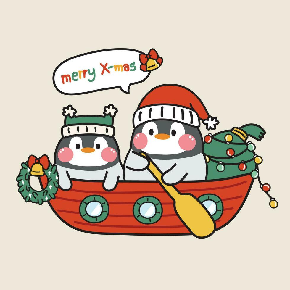 linda pingüino vestir Papa Noel claus permanecer en barco con regalo bolso en alegre Navidad concepto.animal personaje dibujos animados diseño.nuevo año festival.invierno.kawaii.vector.ilustracion. vector