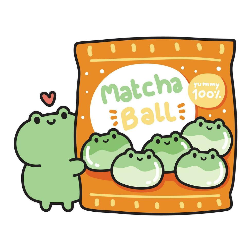 Cute sweet dessert in frog face shape.Matcha green tea flavor.Ball.Reptile animal character cartoon design.Image for card,poster,baby clothing,T-shirt print screen.Kawaii.Vector.Illustration vector