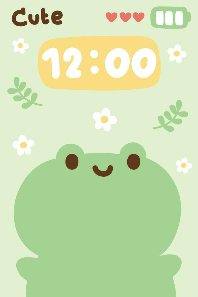 Cute frog with flower and leaf on green pastel background.Phone screen wallpaper.Reptile animal character cartoon design.Image for card,poster,sticker.Kawaii.Vector.illustration. vector