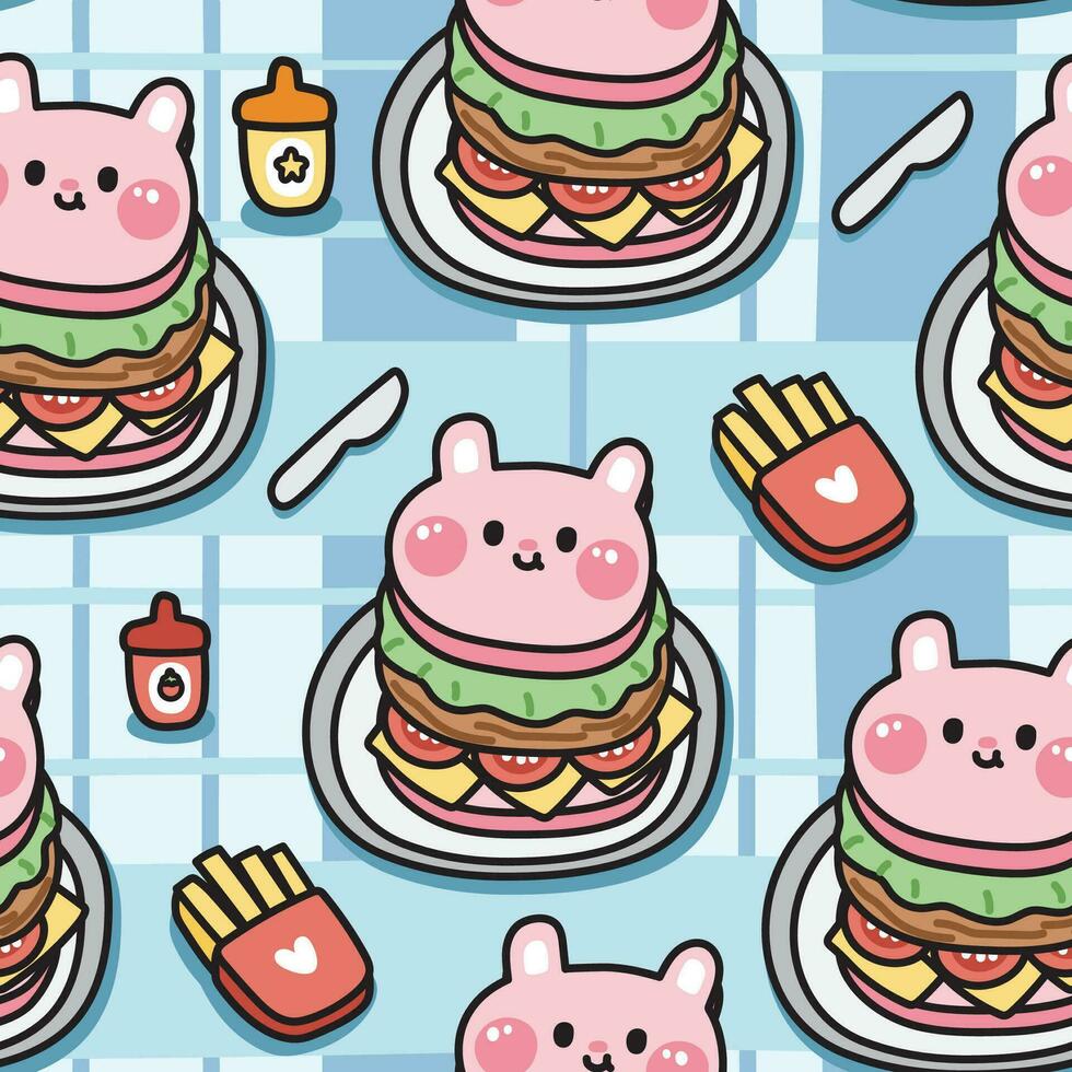 Seamless pattern of cute rabbit face hamburger with sauce and french frieds on tablecloth background.Fast food.Rodent bunny animal cartoon.Kawaii.Vetor.Illustration. vector