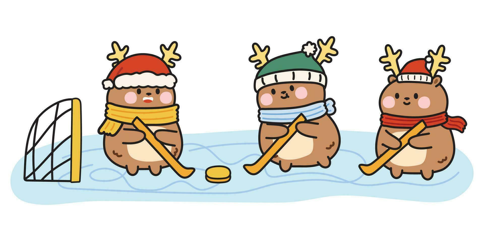 linda de ciervo jugar hielo hockey en blanco fondo.deporte.diversion tiempo.nieve.animal dibujos animados personaje diseño.navidad concepto.invierno.kawaii.vector.ilustración. vector