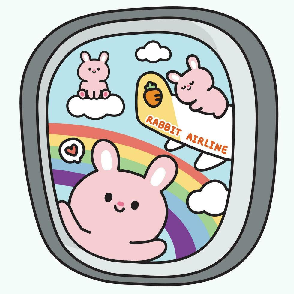 Airplane wing from window.Sky rainbow view on seat side windows plane.Rabbit airline.Cute bunny cartoon character design.Rodent animal.Travel.Kawaii.Vector.Illustration. vector