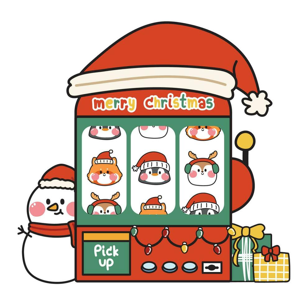 Sloth machine with animal face icon and snowman in christmas concept.Casino.Play time.Fun.Animal character cartoon design.New year festival.Red panda,penguin,deer.Kawaii.Vector.Illustration. vector