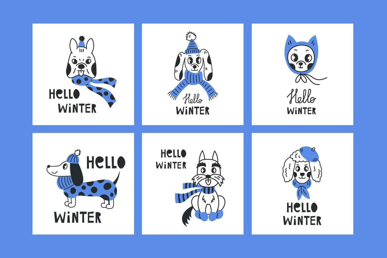 Hello winter lettering and dog doodle set vector