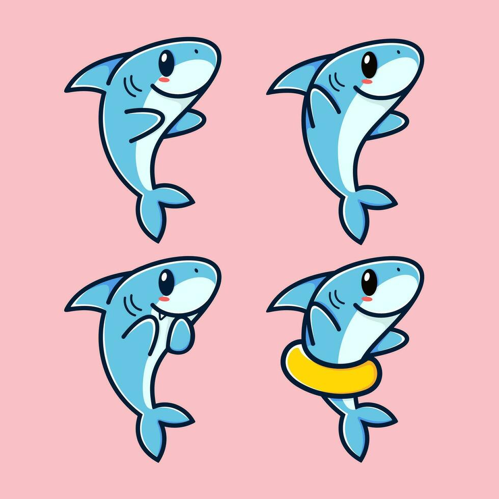 Cute shark cartoon, set of 4, fun and kawaii. vector