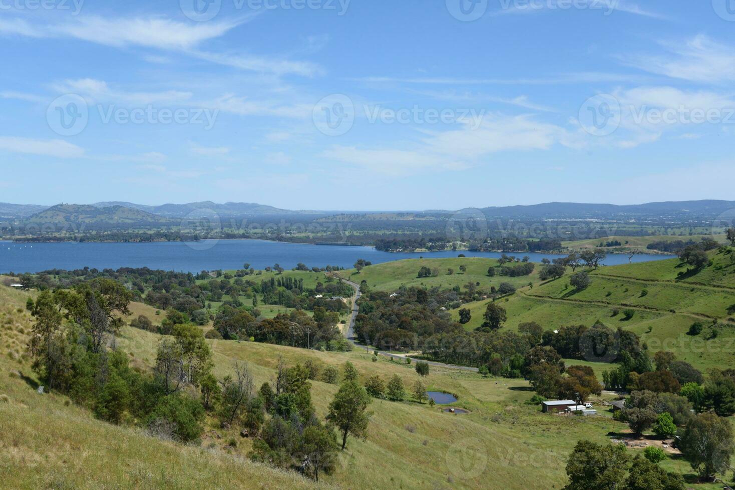 Scenic mountains view with Lake Hume from Kurrajong Gap Lookout located between Bellbridge and Bethanga, a short drive from Albury Wodonga Victoria, Australia. photo