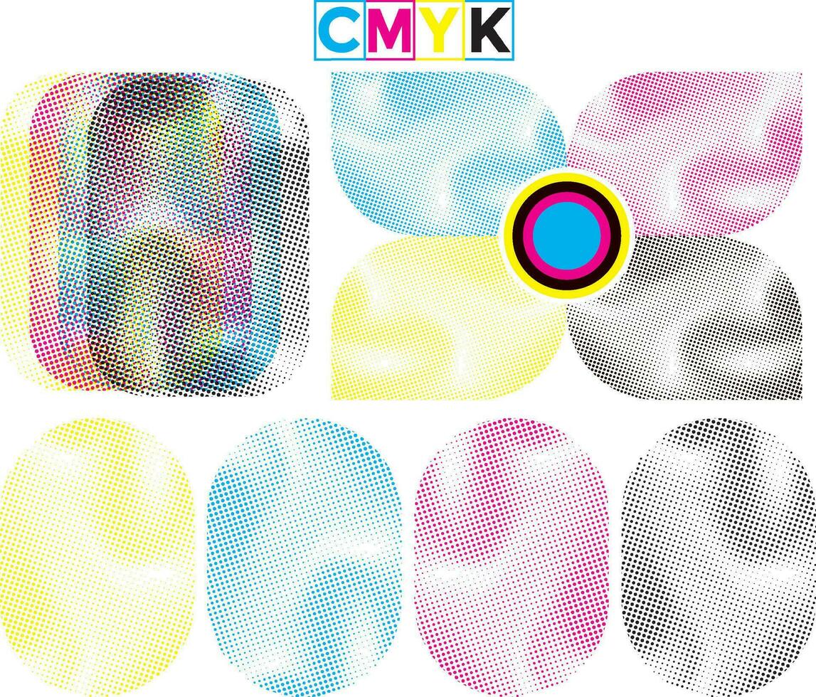 Set of CMYK colorful halftone dots on a white background. Vector illustration, cmyk nail stickers