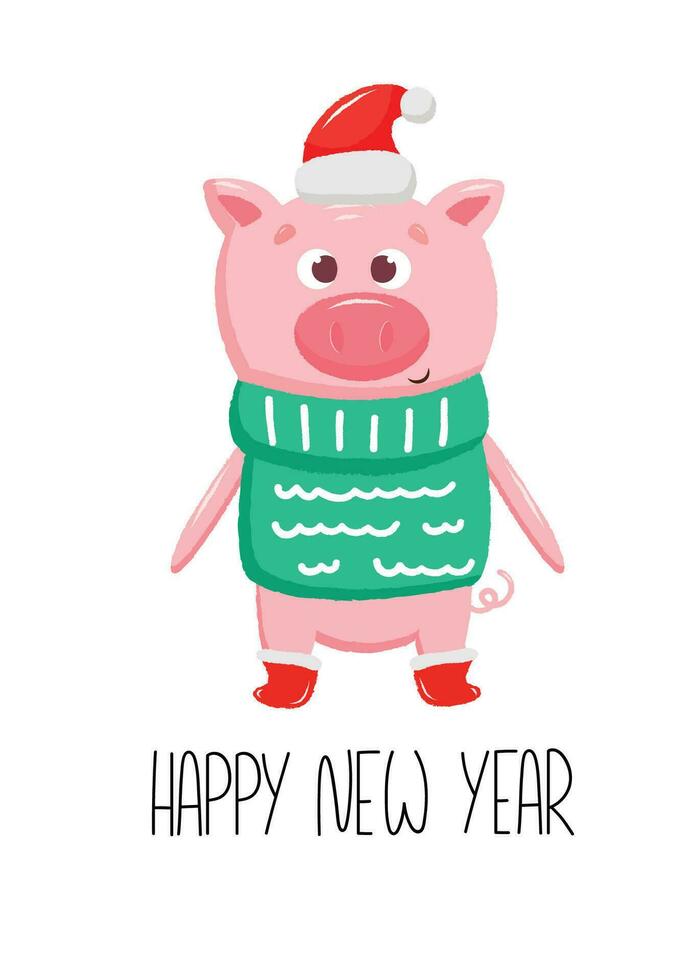 nuevo año tarjeta con linda cerdo en Navidad rojo sombrero y botas. vector