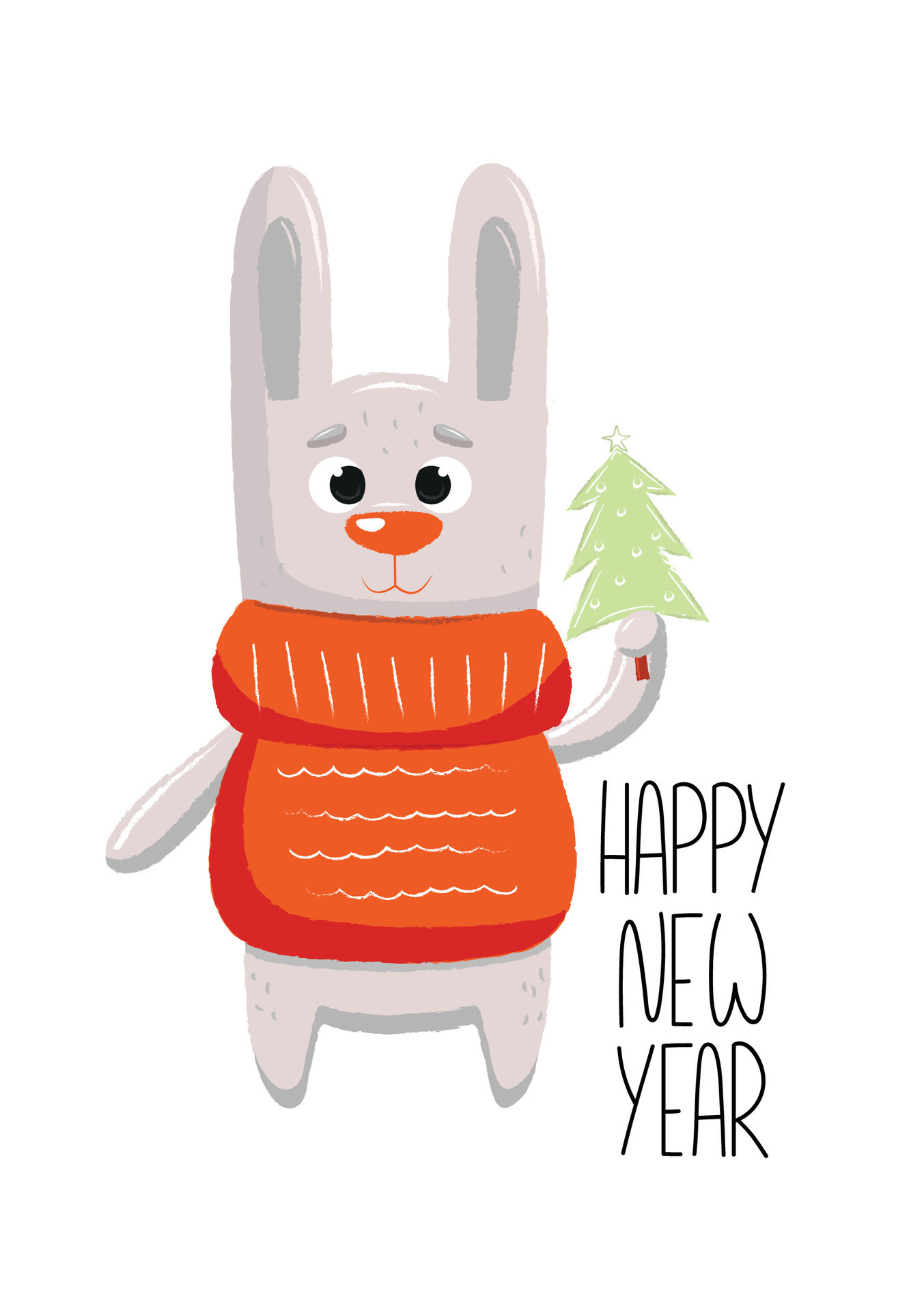 New year 2024 postcard with rabbit holding christmas tree. Vector