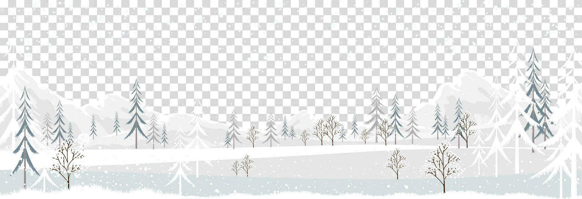 Winter landscape with snowy covered on mountain and forest tree.cartoon horizon Winter wonderland with blizzard,Christmas background,New Year banner vector