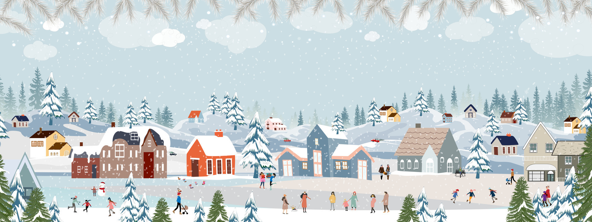 Vector horizontal banner of winter wonderland with cute polar bear