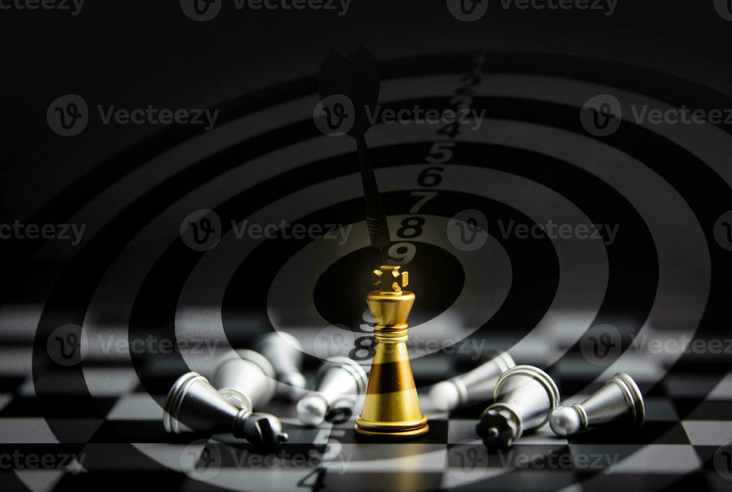 Strategic planning and leadership. Chess game with overlay of target board on black background. Business concept showing leadership Deciding towards goals and success photo