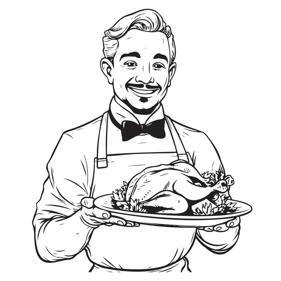 Vector illustration of a sketch of a chef ,holding the chicken in his hands