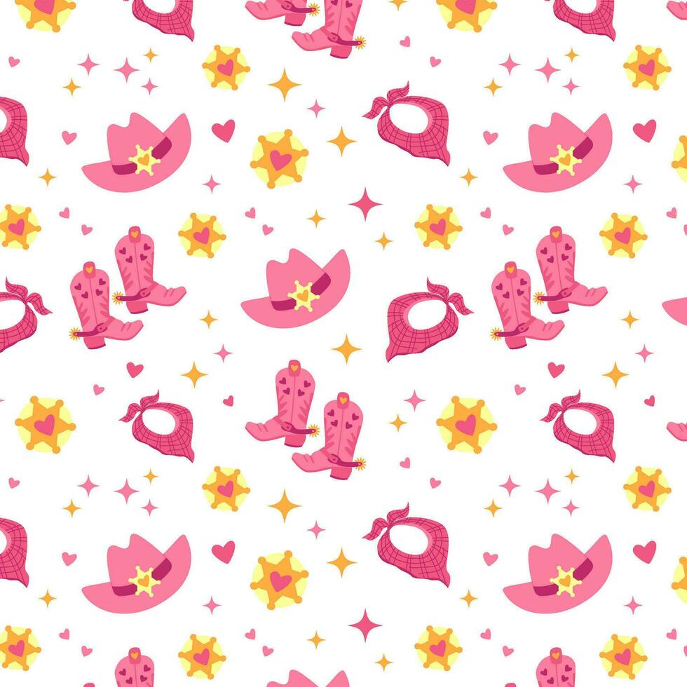 Pink cowgirl print. Seamless pattern with cowgirl boots, hat, cowboy boots. Wild West fashion style vector for invitation, wrapping paper, packaging etc.