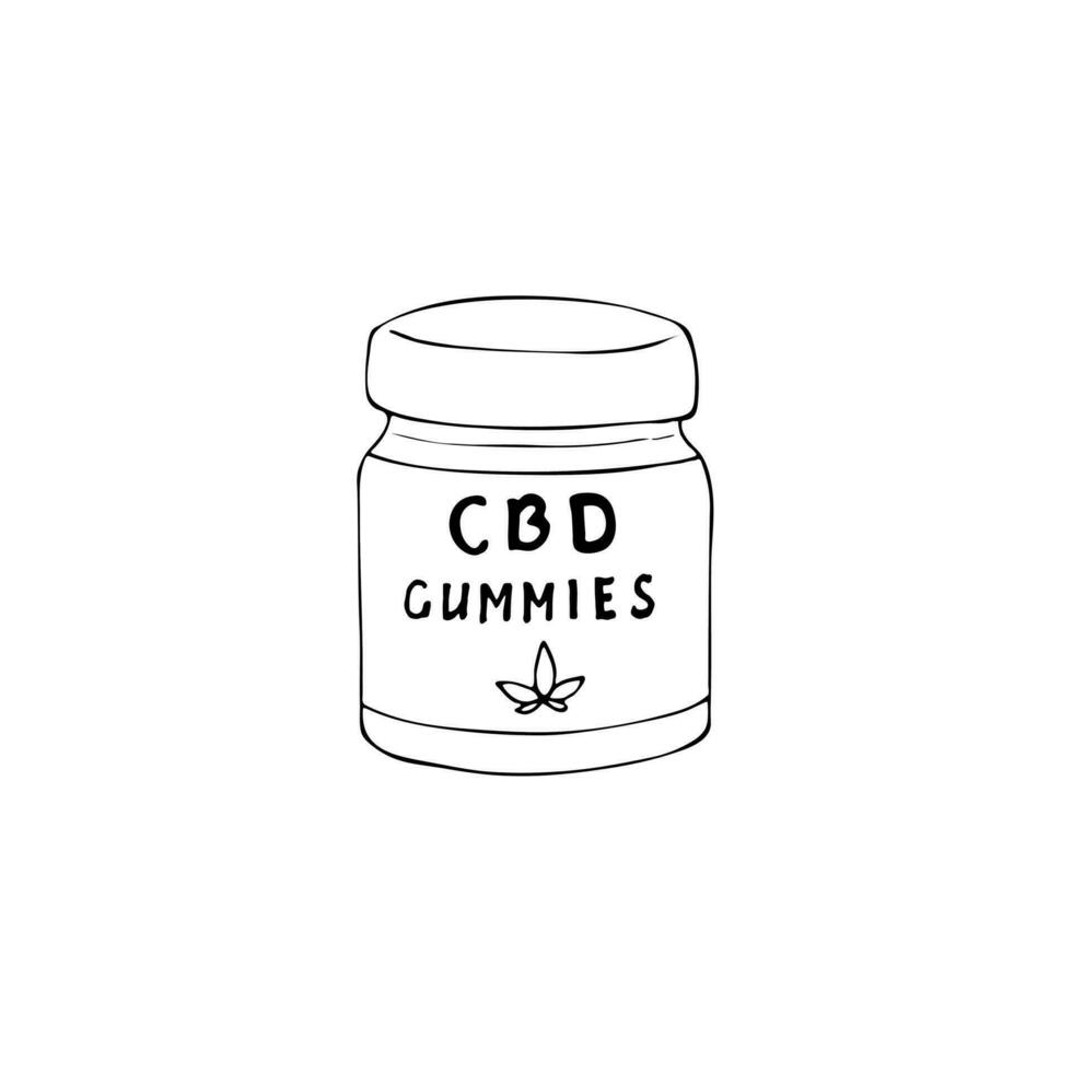Hand drawn CBD gummies in bottles. Cannabis gummies for healthcare. Medical cannabis marijuana. Vector illustration isolated on white background