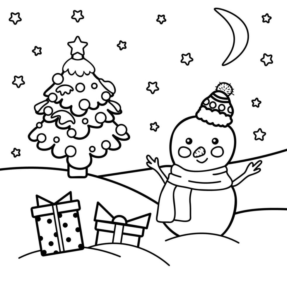 Coloring page of a cute cartoon snowman with Christmas tree. Vector stock black and white illustration in hand drawn style, on a white background.