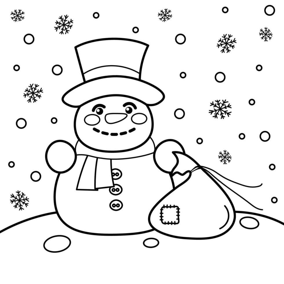 Christmas coloring page with a cute snowman. Vector black and white stock illustration. Funny line icon.