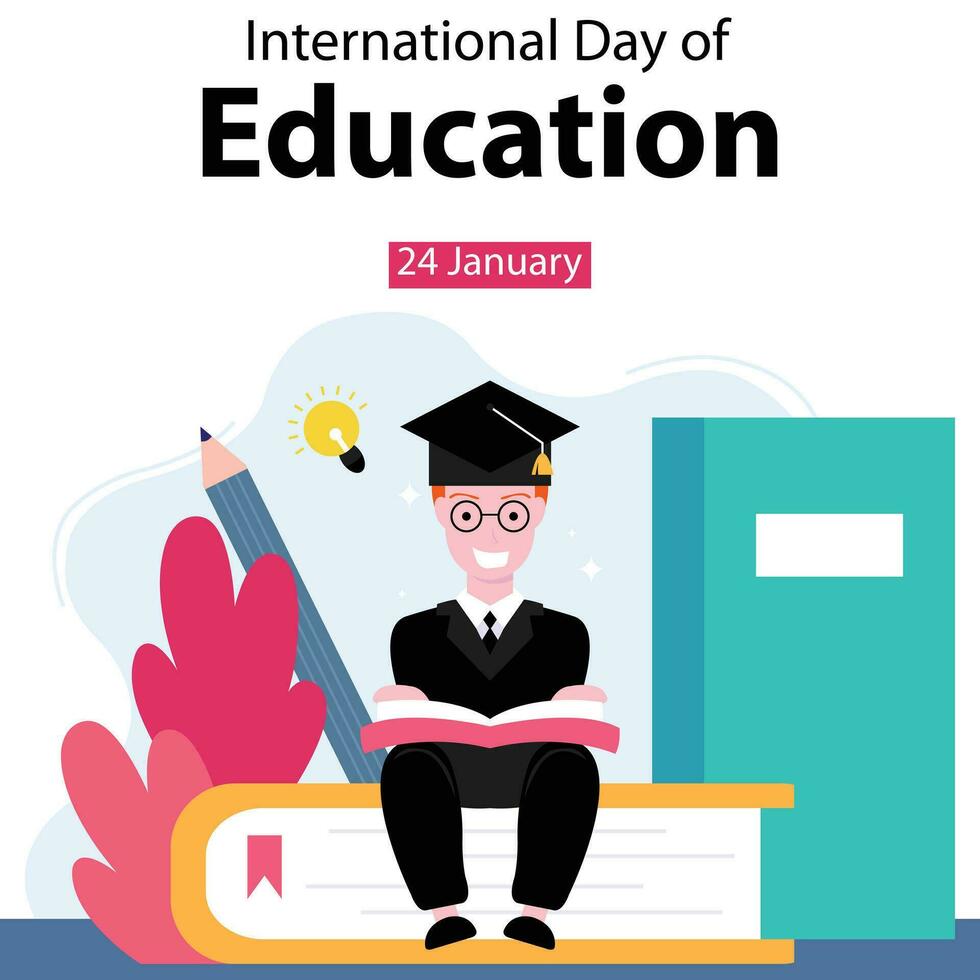 illustration vector graphic of a young scholar was sitting on a book, perfect for international day, international day of education, celebrate, greeting card, etc.