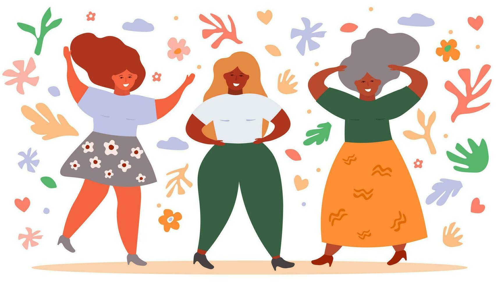 Abstract girls plus size are funny and happy, dancing, loving themselves. Beautiful women on a background of flowers, leaves, hearts. Vector flat graphics.