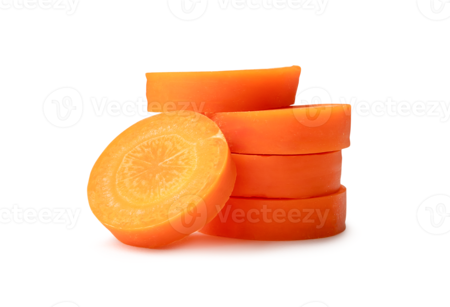 Beautiful orange  carrot slices in stack isolated with clipping path and shadow in png file format