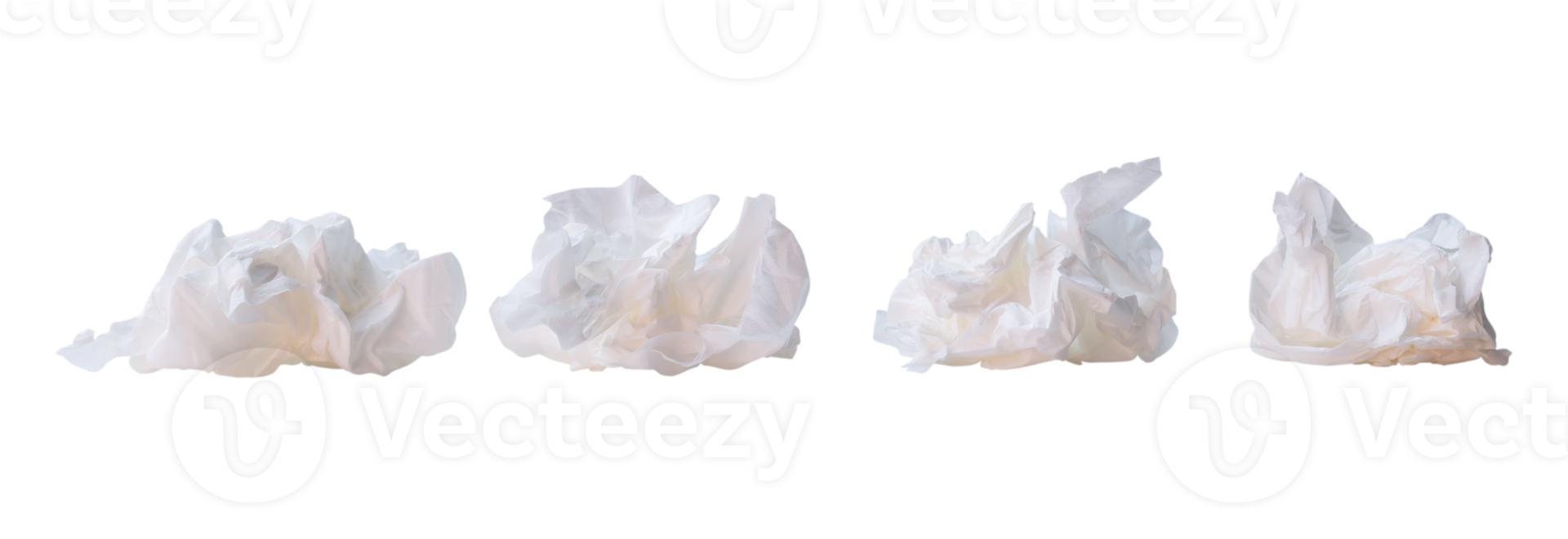 Set of white crumpled or screwed tissue paper after use in toilet or restroom isolated with clipping path in png file format