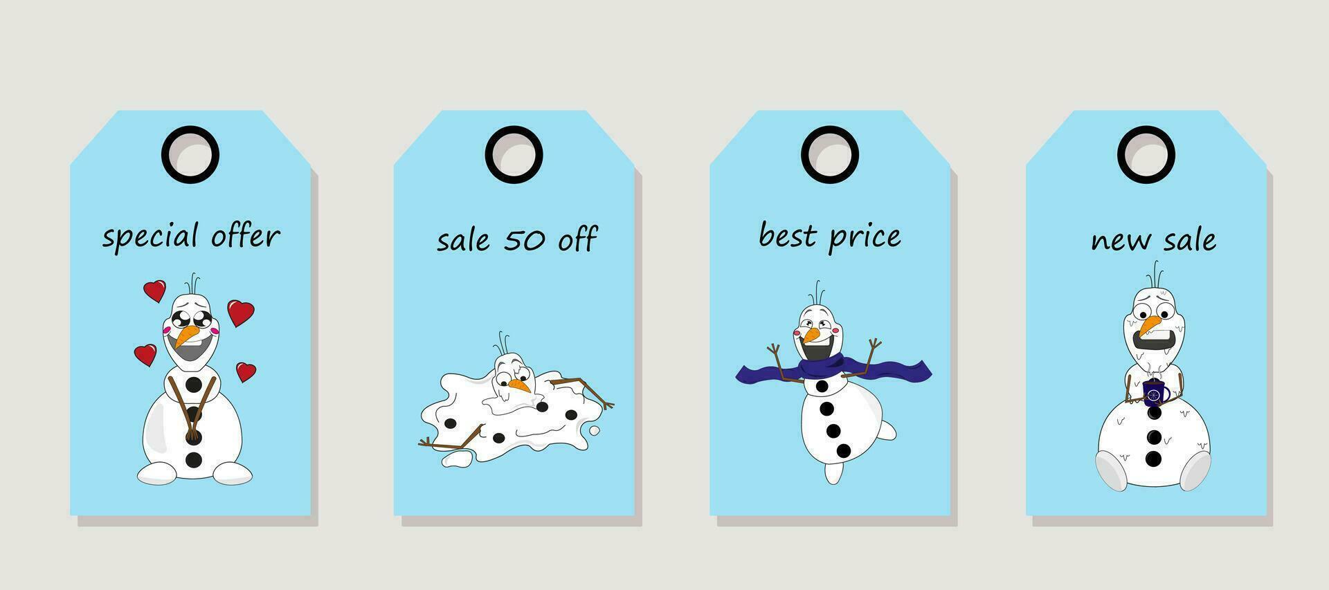Vector set of discount price tags. Labels with Cute Cartoon Christmas snowman characters. Christmas sale.