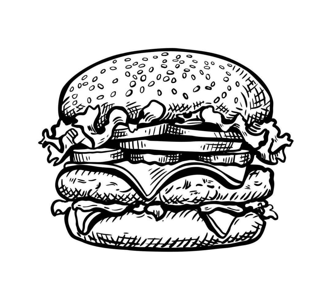 Hamburger, meat burger. Vector illustration in engraving style.