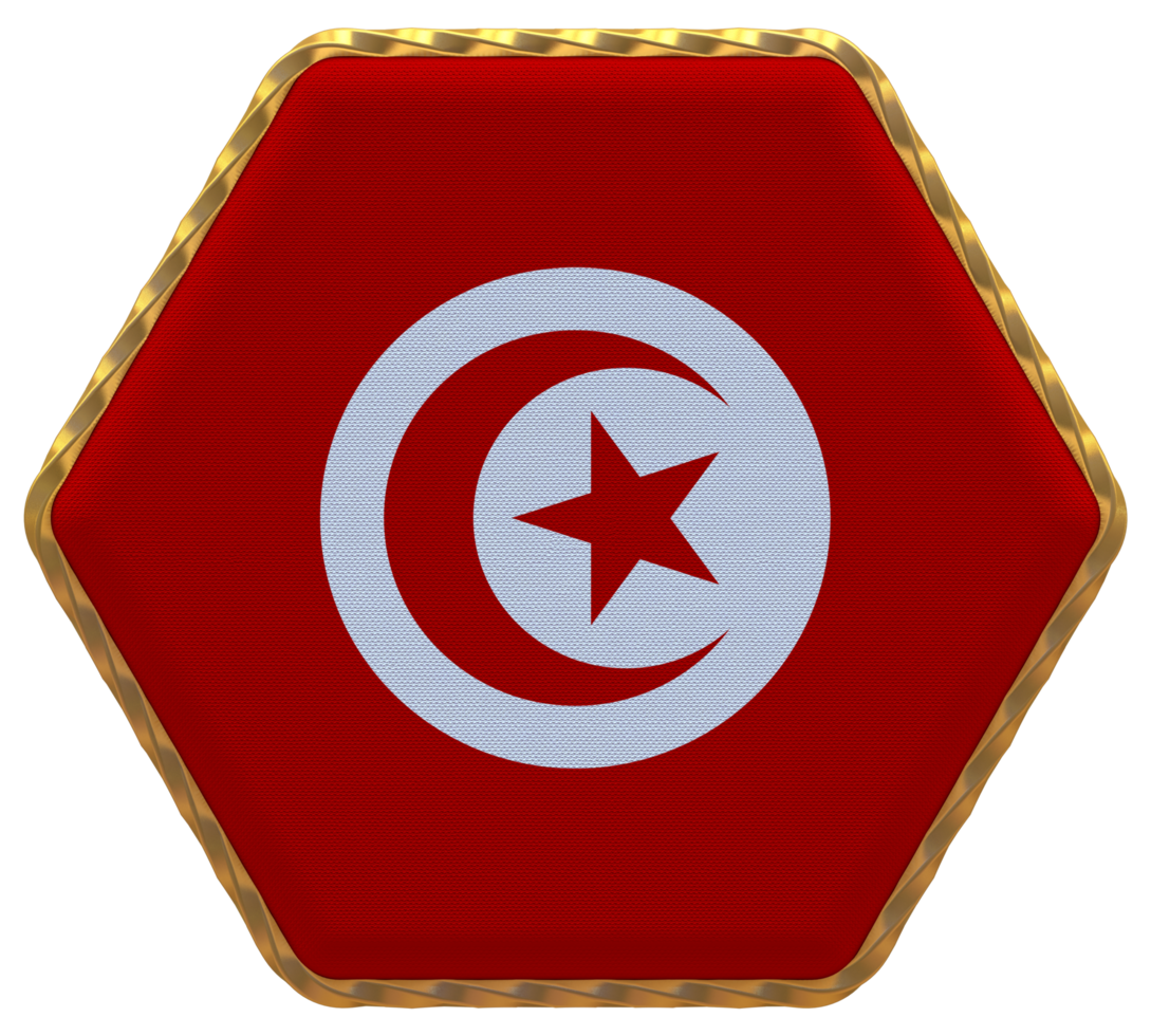 Tunisia Flag in Hexagon Shape with Gold Border, Bump Texture, 3D Rendering png