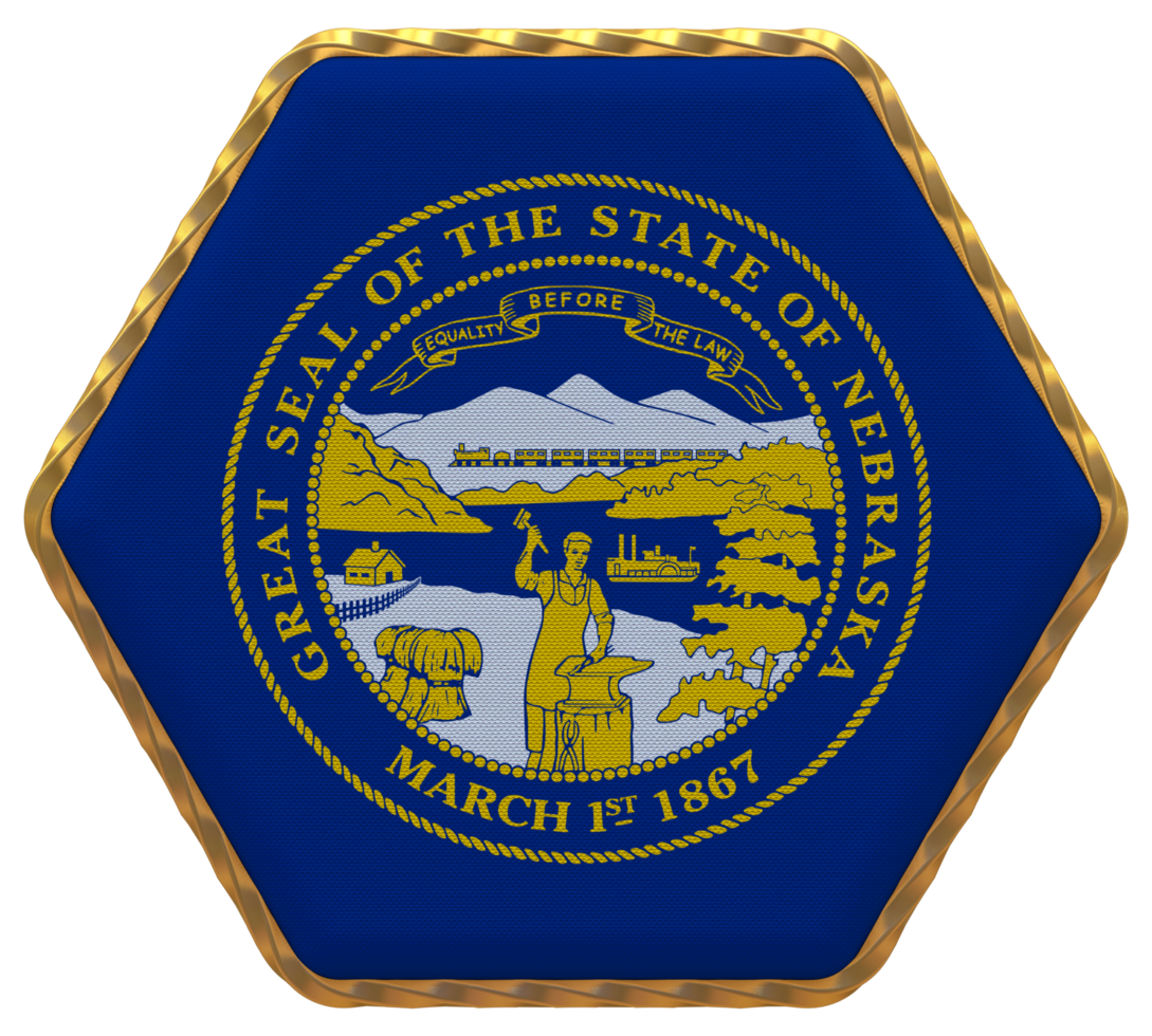 State of Nebraska Flag in Hexagon Shape with Gold Border, Bump Texture, 3D Rendering png