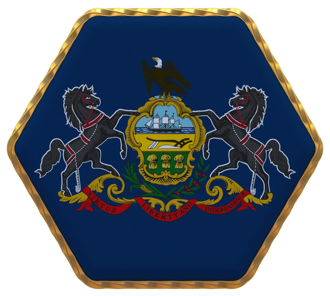 State of Pennsylvania Flag in Hexagon Shape with Gold Border, Bump Texture, 3D Rendering png