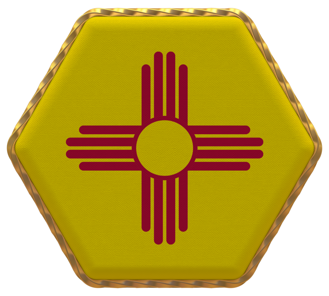 State of New Mexico Flag in Hexagon Shape with Gold Border, Bump Texture, 3D Rendering png