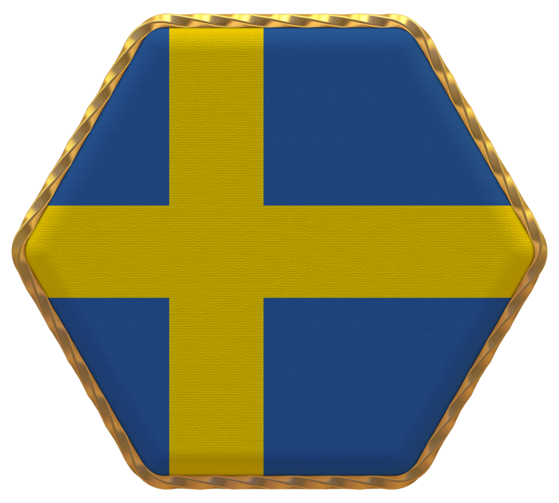 Sweden Flag in Hexagon Shape with Gold Border, Bump Texture, 3D Rendering png