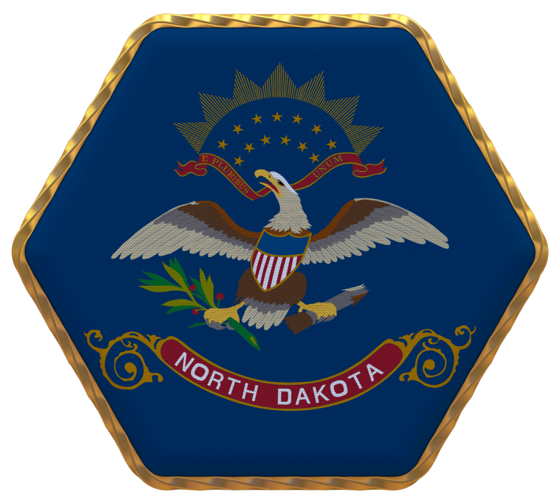 State of North Dakota Flag in Hexagon Shape with Gold Border, Bump Texture, 3D Rendering png